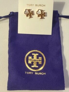 Tory Burch Authentic Gold Logo Stud Earrings With Mother Of Pearl Heart Detail